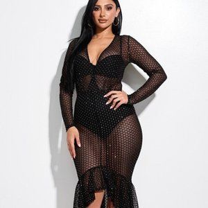 Women Embellished Burnout Mesh Long Sleeve With Panty Lining Sexy Midi Dress NWT